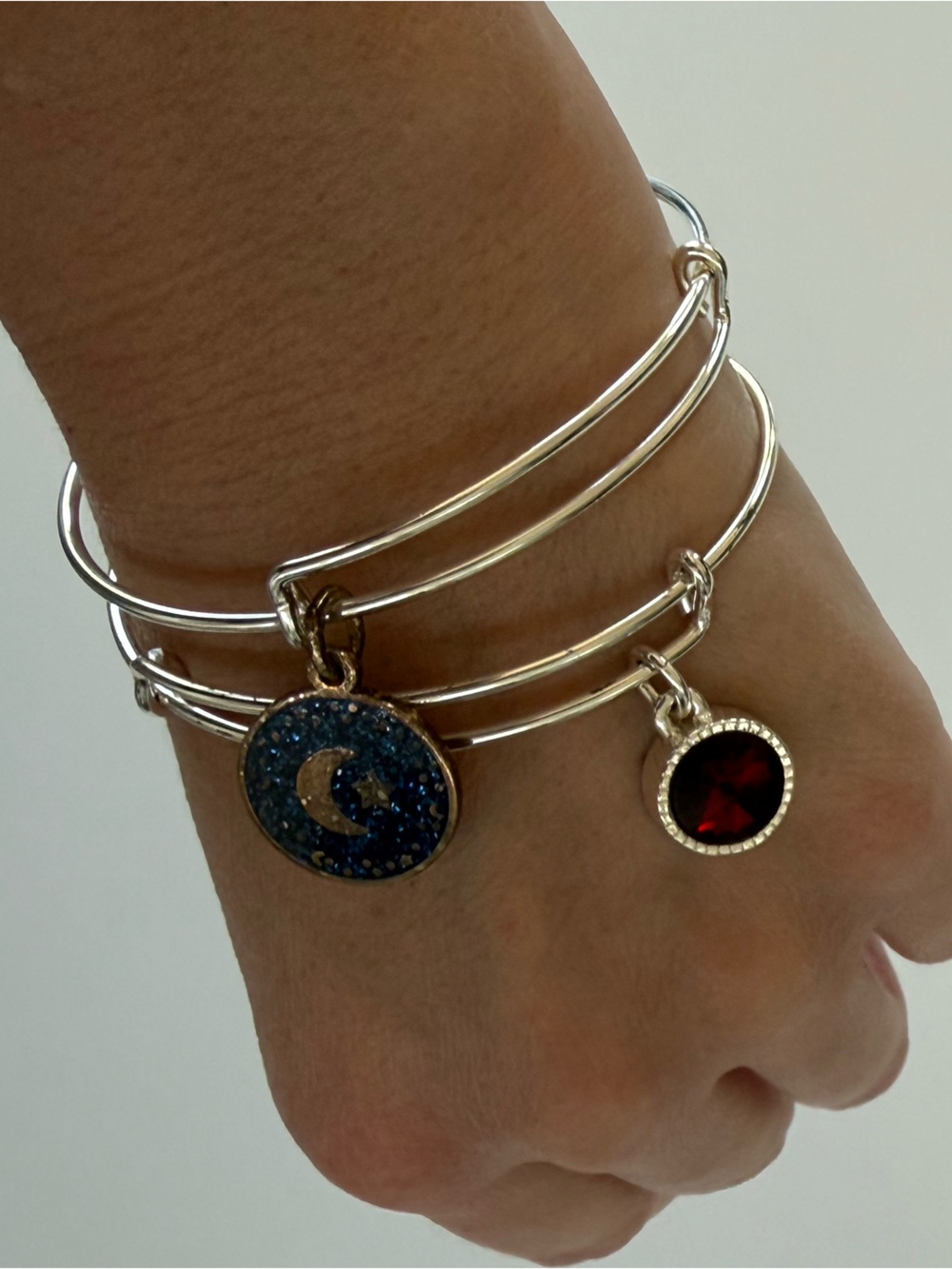 Alex and Ani Silver Bangle Bracelet with Red Gem and Blue Glitter Moon Charm